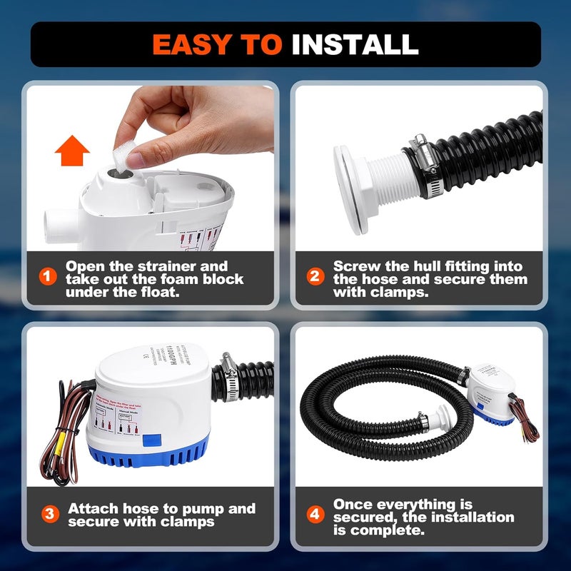 FILTERUP 1100 GPH Automatic Boat Bilge Water Pump 12V, 1-1/8 Inch Dia Bilge Pump Plumbing Kit with 6FT Hose, 2 Clamps, Thru-Hull Fitting, Ideal for Fishing Boats, Cruisers, Runabouts, Yachts - Image 5